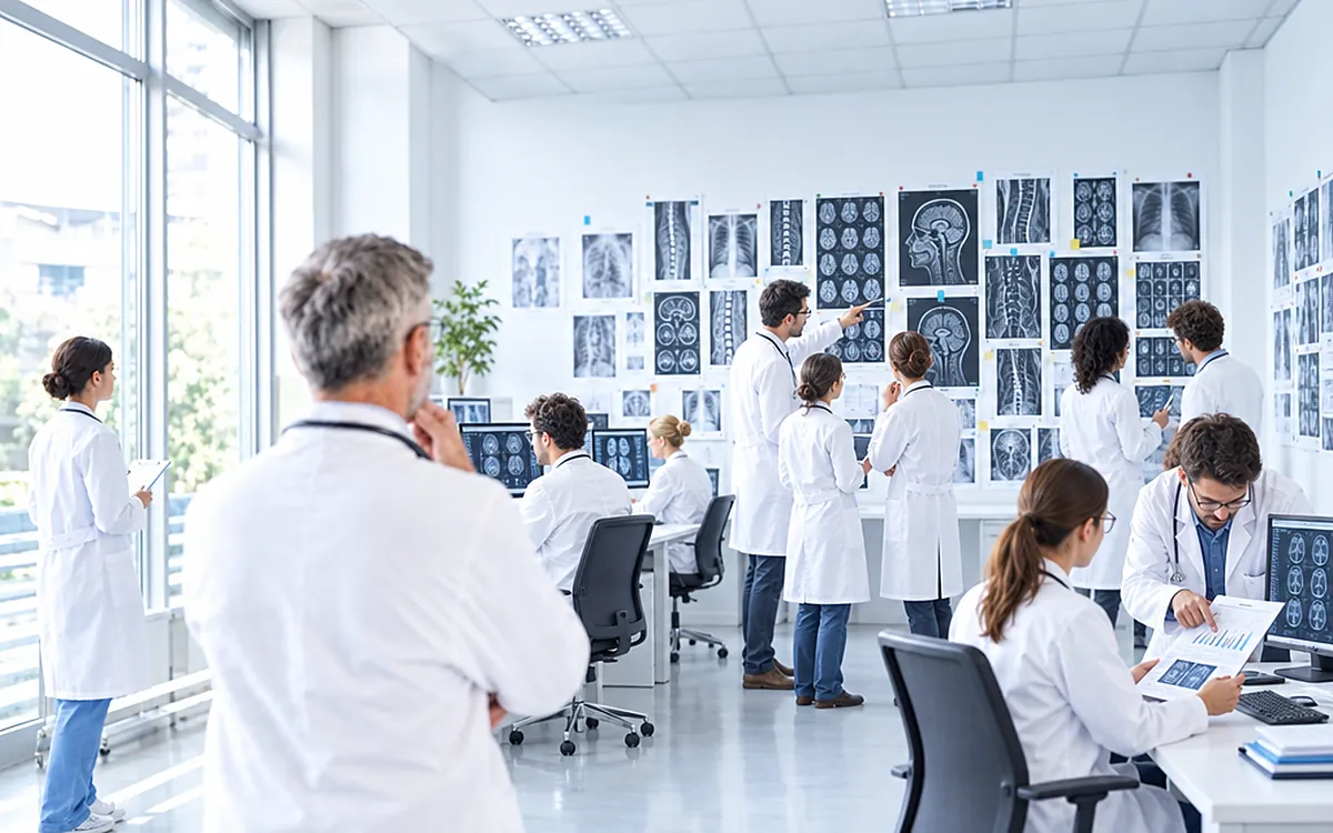 Illustration : une salle claire où une dizaine de médecins et de chercheurs cherchent. Au fond, un mur couvert de radios et d'IRM devant lequel plusieurs discutent ; d'autres étudient des scanners sur leurs écrans ou un compte rendu d'analyses ; au premier plan, un médecin vu de dos, main au menton, regarde le mur d'images.