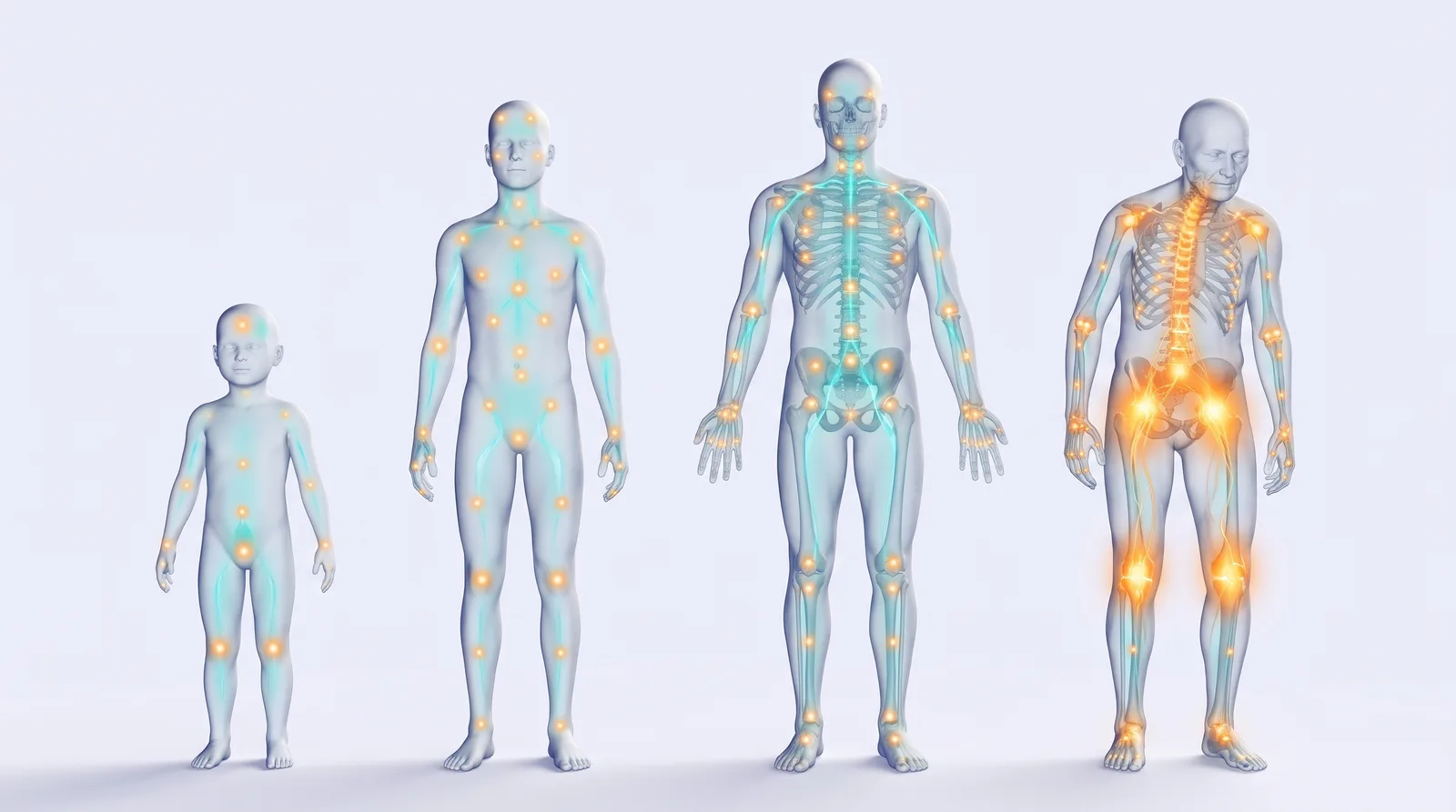 Quatre silhouettes de verre alignées, la même personne à quatre âges — enfant, adolescent, adulte, personne âgée. L'enfant porte déjà une douzaine de points ambre — genoux, coccyx, mains, coudes, front ; ils sont de plus en plus nombreux d'un âge à l'autre, jusqu'à se rejoindre en plaques aux hanches, aux genoux et aux épaules chez la personne âgée.