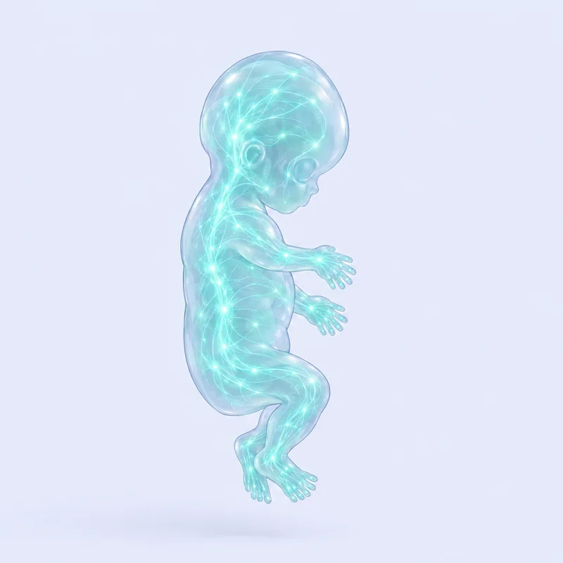 Embryon d'environ huit semaines, de profil, translucide : tête, tronc, bras, jambes, mains et pieds formés, parcourus d'une fine trame de lumière bleu-vert, sans squelette visible.