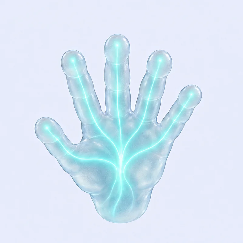 Main d'embryon vue de face, translucide : cinq doigts séparés, sans aucun os ; cinq fines lignes de lumière bleu-vert suivent chaque doigt et se rejoignent dans la paume. Un cercle pointillé entoure le majeur.