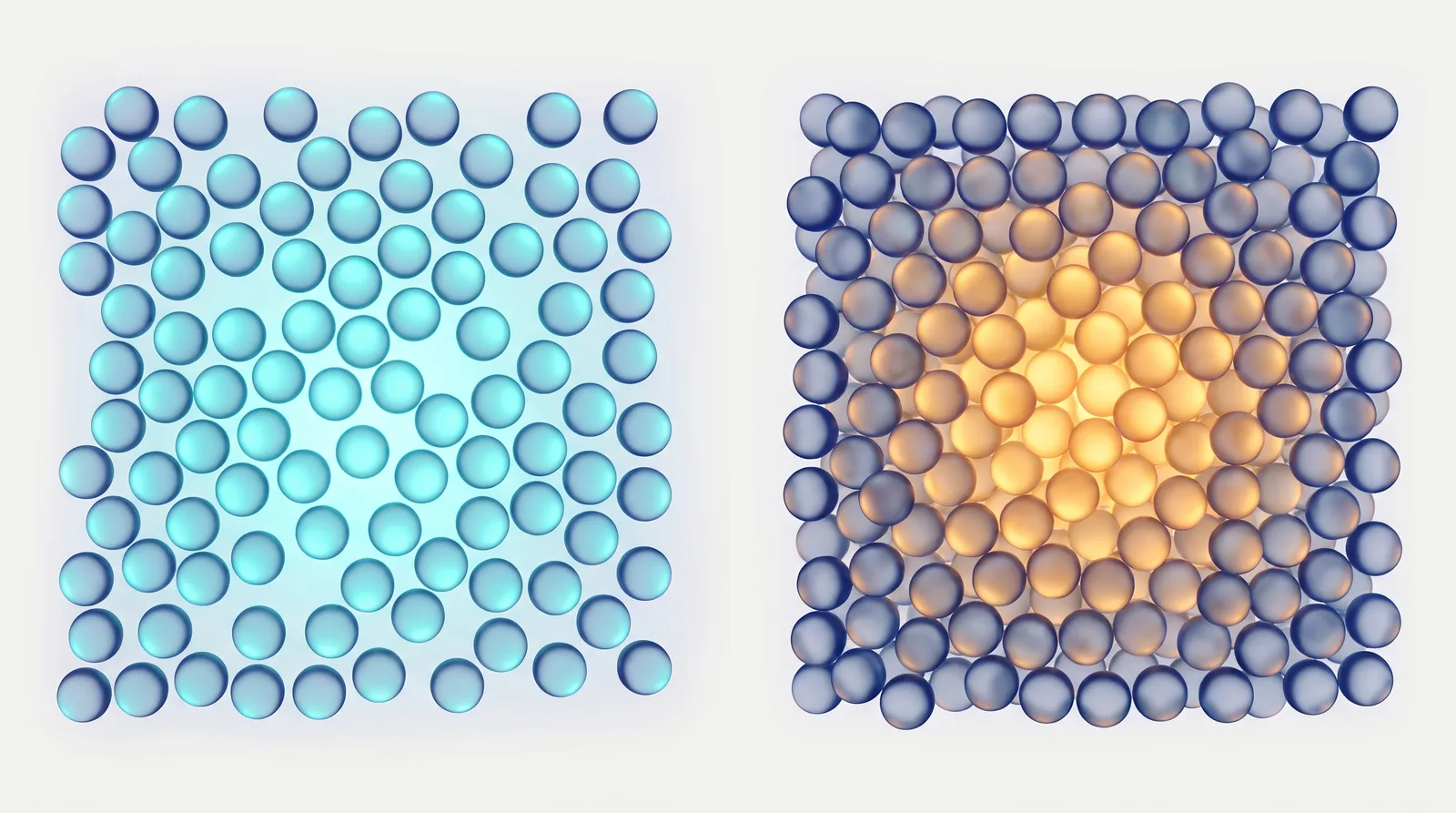 Deux nappes de petites sphères de verre vues de dessus. À gauche, réparties régulièrement avec de l'espace entre elles. À droite, toutes attirées vers un point ambre au centre, serrées, sans plus d'espace.
