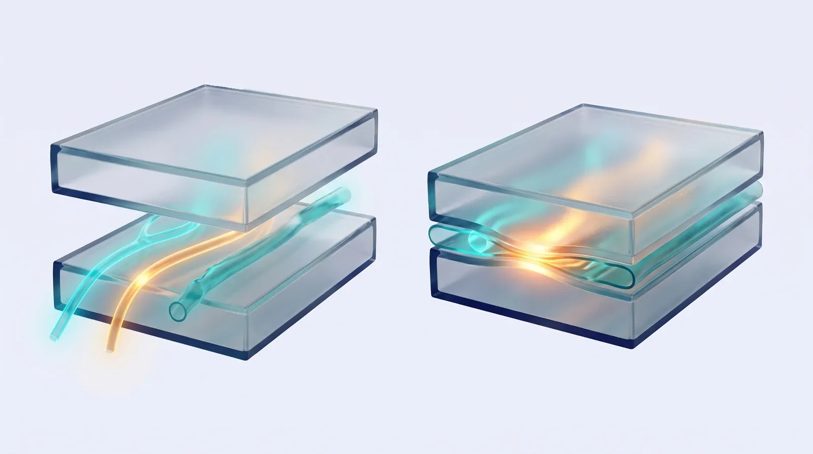Deux fois deux plaques de verre superposées. À gauche, un espace ouvert les sépare et un vaisseau, un nerf et un canal lumineux y passent librement. À droite, les plaques se sont refermées et ce qui passait est écrasé, avec une lueur ambre.