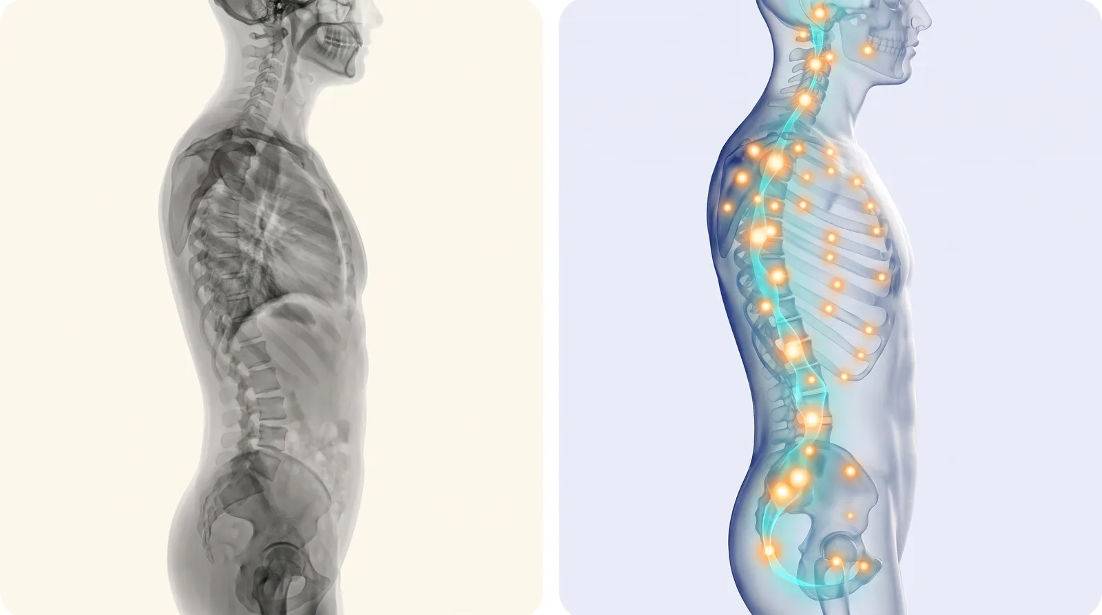 À gauche, une radiographie grise d'un torse vu de profil, parfaitement normale. À droite, le même torse en verre où la trame de lumière bleue est visible, avec une quarantaine de points ambre — colonne, côtes, épaule, bassin, base du crâne — que la radiographie ne montre pas.
