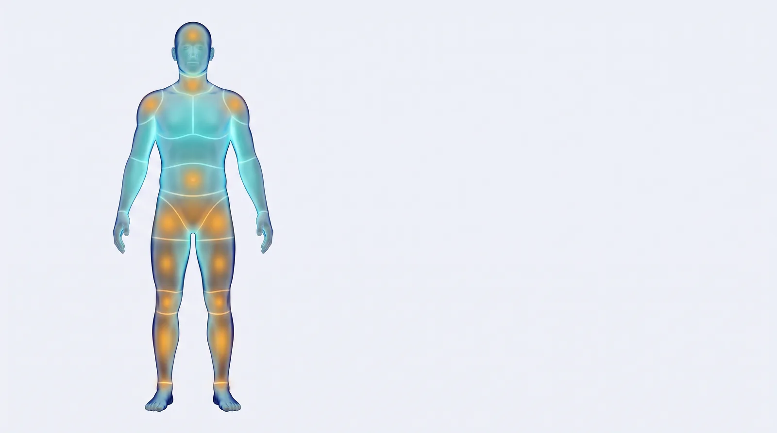 Un corps de verre debout, vu de face, divisé par de fines lignes lumineuses en une douzaine de zones ; chaque zone brille d'une intensité différente, du bleu clair au ambre dense.