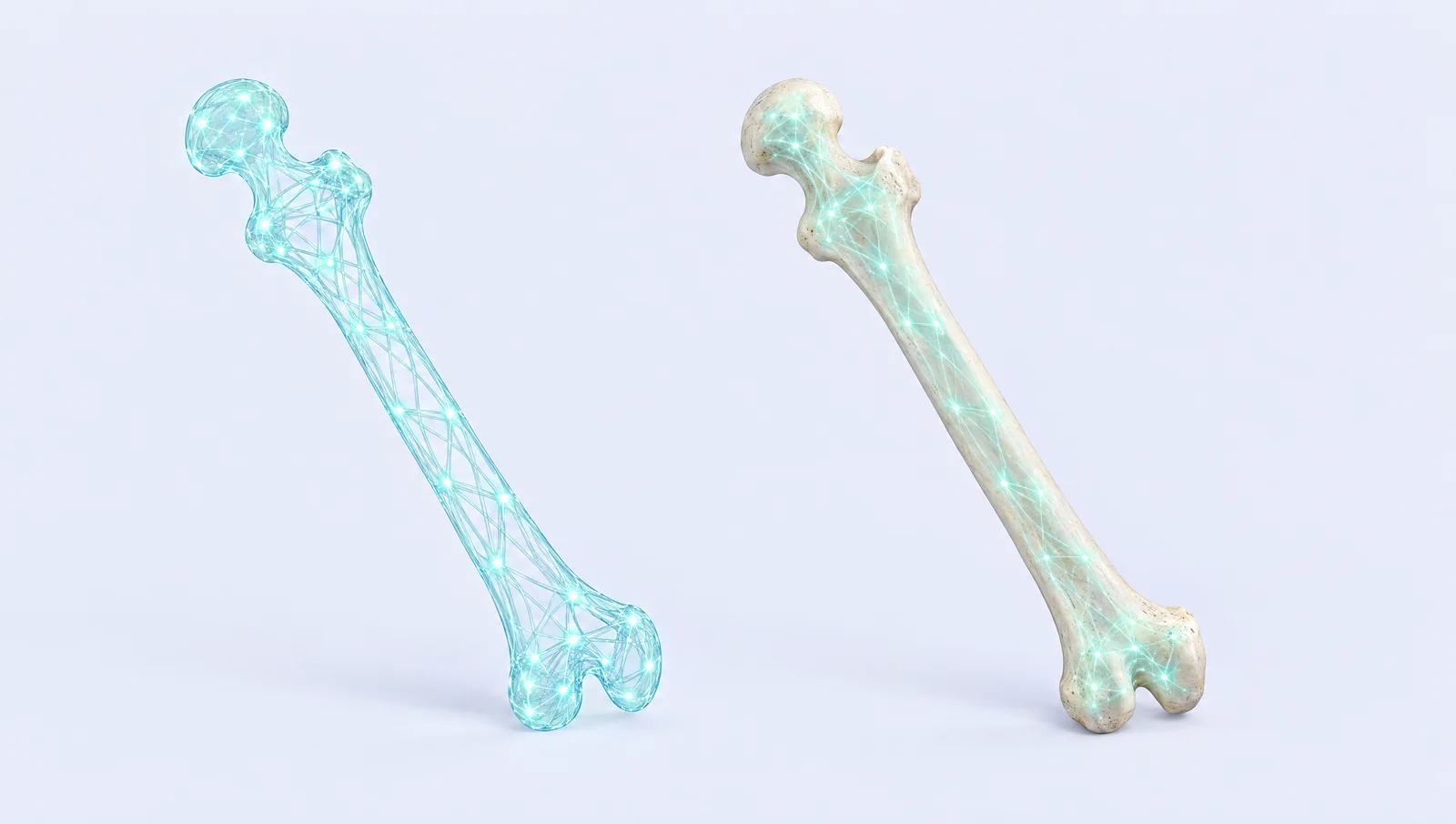 Deux fémurs côte à côte. À gauche, un fémur fait uniquement d'une trame de lumière bleu-vert, sans matière. À droite, le vrai fémur, os ivoire, dans lequel on devine encore la même trame lumineuse.
